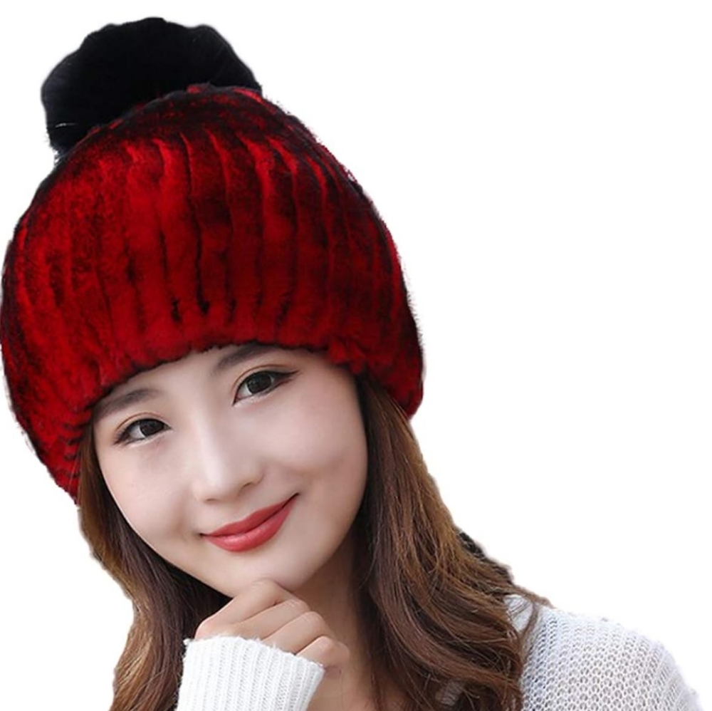 🥀 NWOT Winter Warm Scarlet Red Genuine Rex Rabbit Beenie Hat Black Fox Pompom